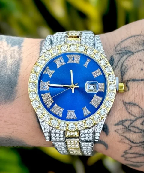Reloj Diamantado Bicolor Fondo Azul