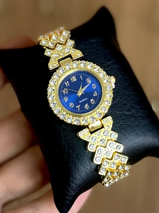 Reloj Diamantado Dorado Fondo Azul Dama
