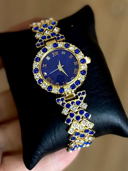 Reloj Diamantado Dorado Fondo Azul Perlado Dama
