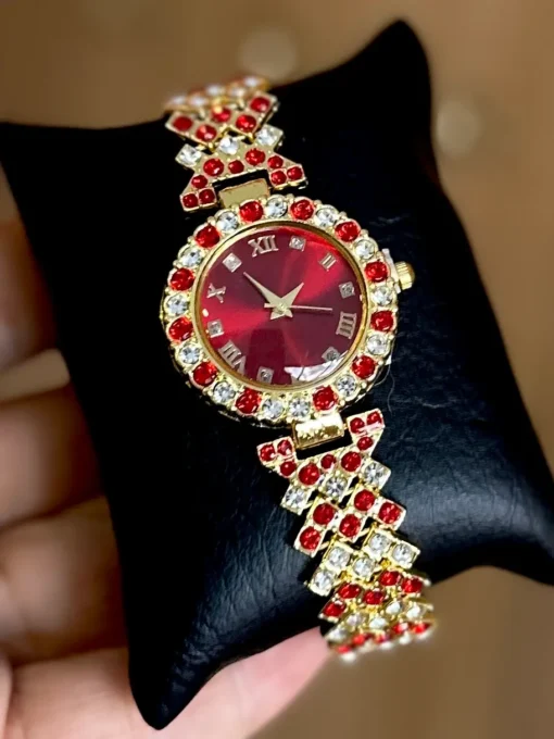 Reloj Dorado Fondo Rojo Perlado Dama