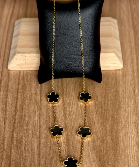 Cadena Van Cleef Collar Multi Treboles Negro Dorado