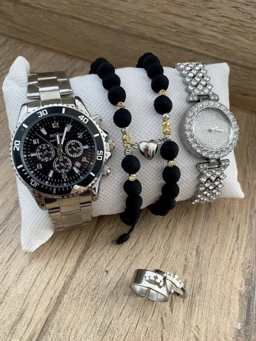 Combo Triple NotionR Platrado + Pareja de Pulseras Corazón Imán y Anillos