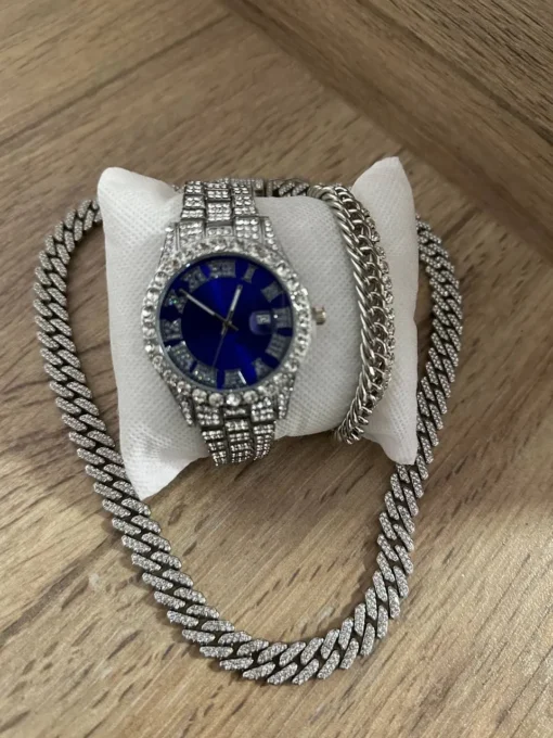 Combo Plateado Cubano Reloj, Cadena y Pulsera