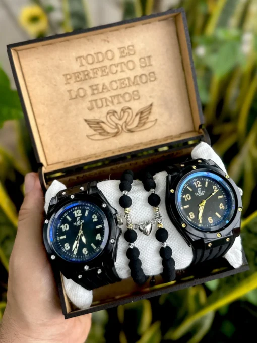 Pareja de Relojes Black Prestige con Pulseras de Corazón Imantado