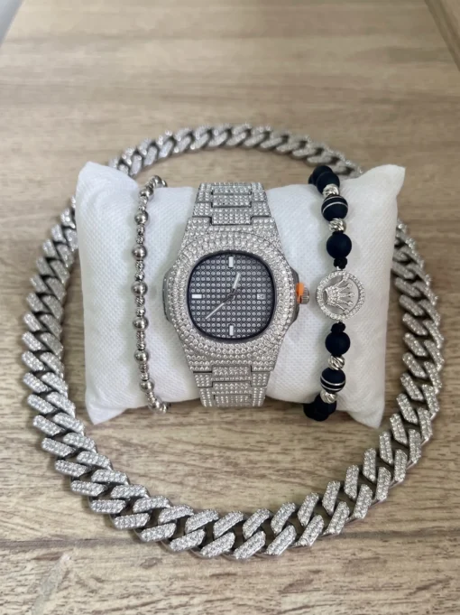 Combo Patek Plateado con Pulsera Rolex, Pulsera Diamantada y Cadena Cubana