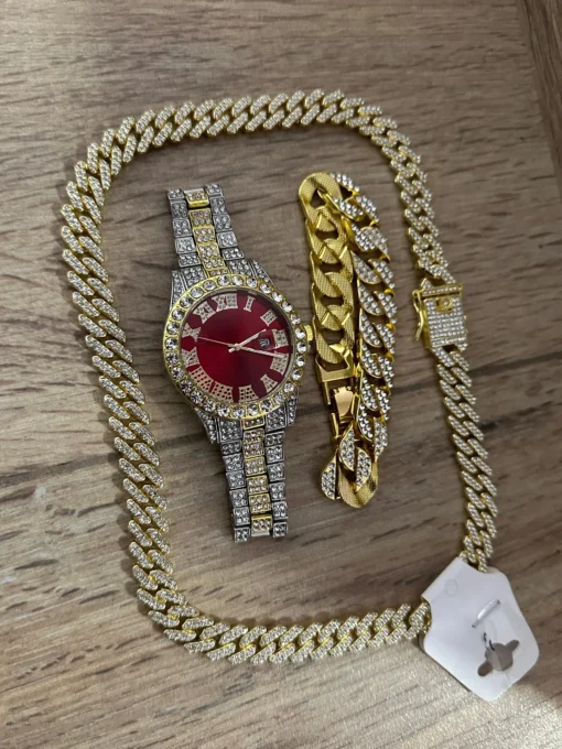 Combo de Reloj Cubano Bicolor pantalla Roja + Cadena + Pulsera