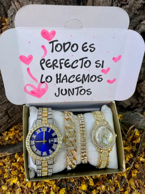 Combo Doble Diamantado Bicolor Azul + Cubano Dama + Pulseras pareja Diamantadas