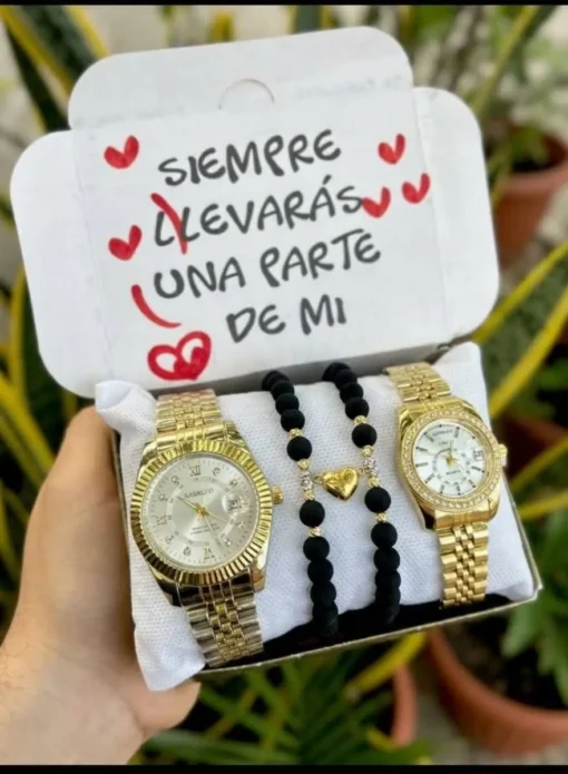 Combo Doble DateJust Inspiration Dorado con Blanca y Pulseras de Corazón
