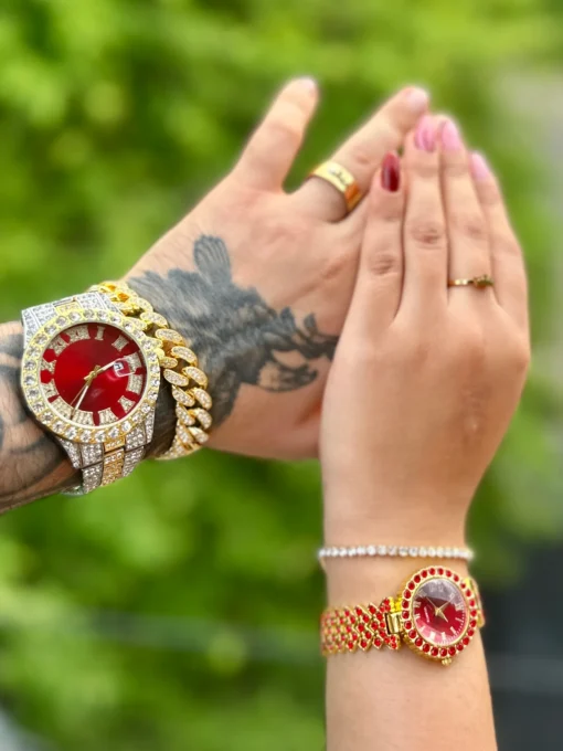 Combo Triple Cubano Dorado con Rojo Relojes, Pulseras y Anillos
