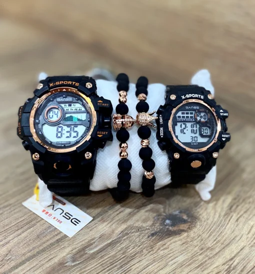 Combo Doble Relojes Deportivos Sumergibles Negro Cobre + Pulsera de Pareja Imperial