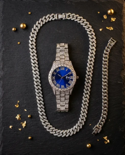 Combo Plateado Cubano Reloj, Cadena y Pulsera - foto 1