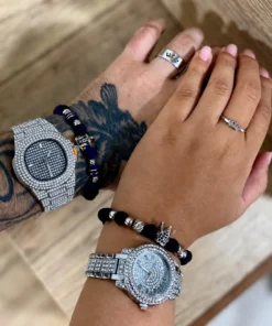 Combo triple de pareja plateado con 2 relojes, 2 pulseras y 2 anillos