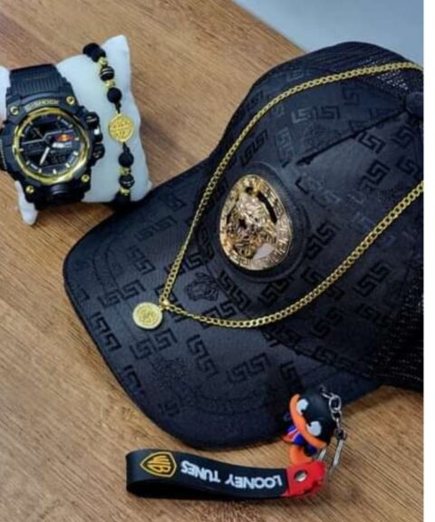 Combo Gorra Reloj Negro Dorado Cadena Pulsera Llavero