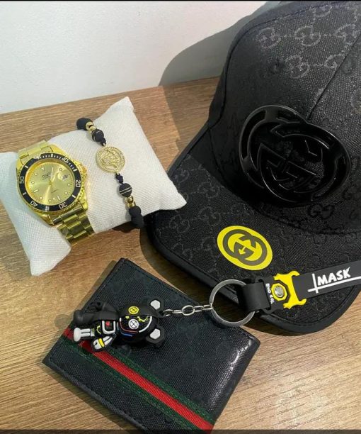 Combo Gorra Reloj Acero Dorado Billetera Pulsera Llavero