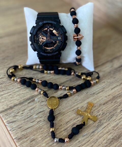 G Shock Negro Cobre + Rosario Tri-Color + Pulsera