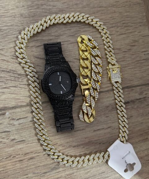 Combo Diamond Negro Patek + Cubana + Pulsera