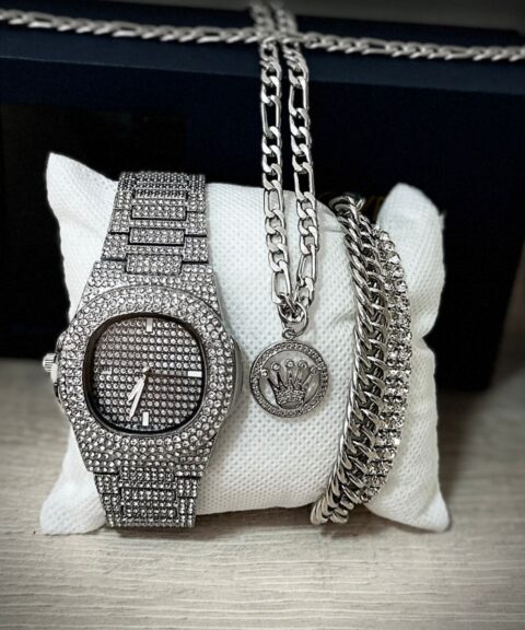 Combo Diamond Plateado Patek + Pulsera + Cadena