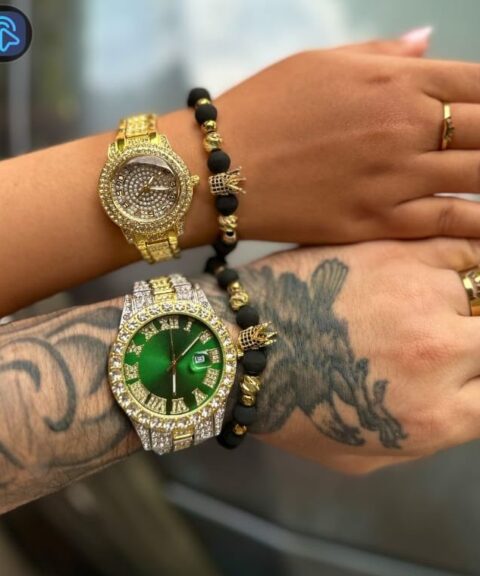 Combo Triple Diamantado bicolor Verde y Dorado con Pulseras Reyes
