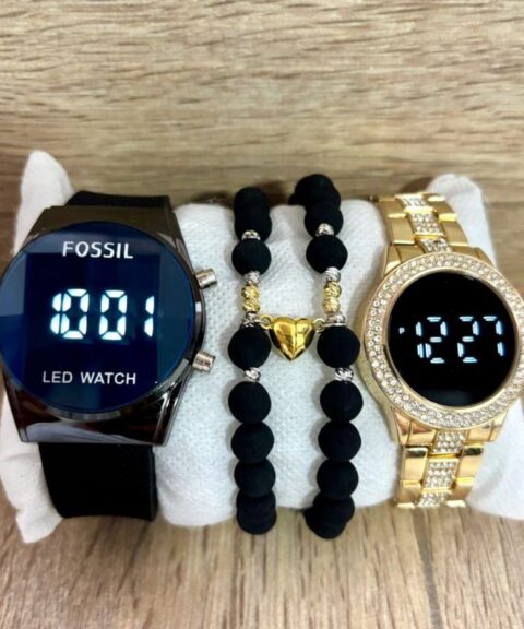 Combo Doble Led + Reloj Touch Dorado + Pulseras Corazón