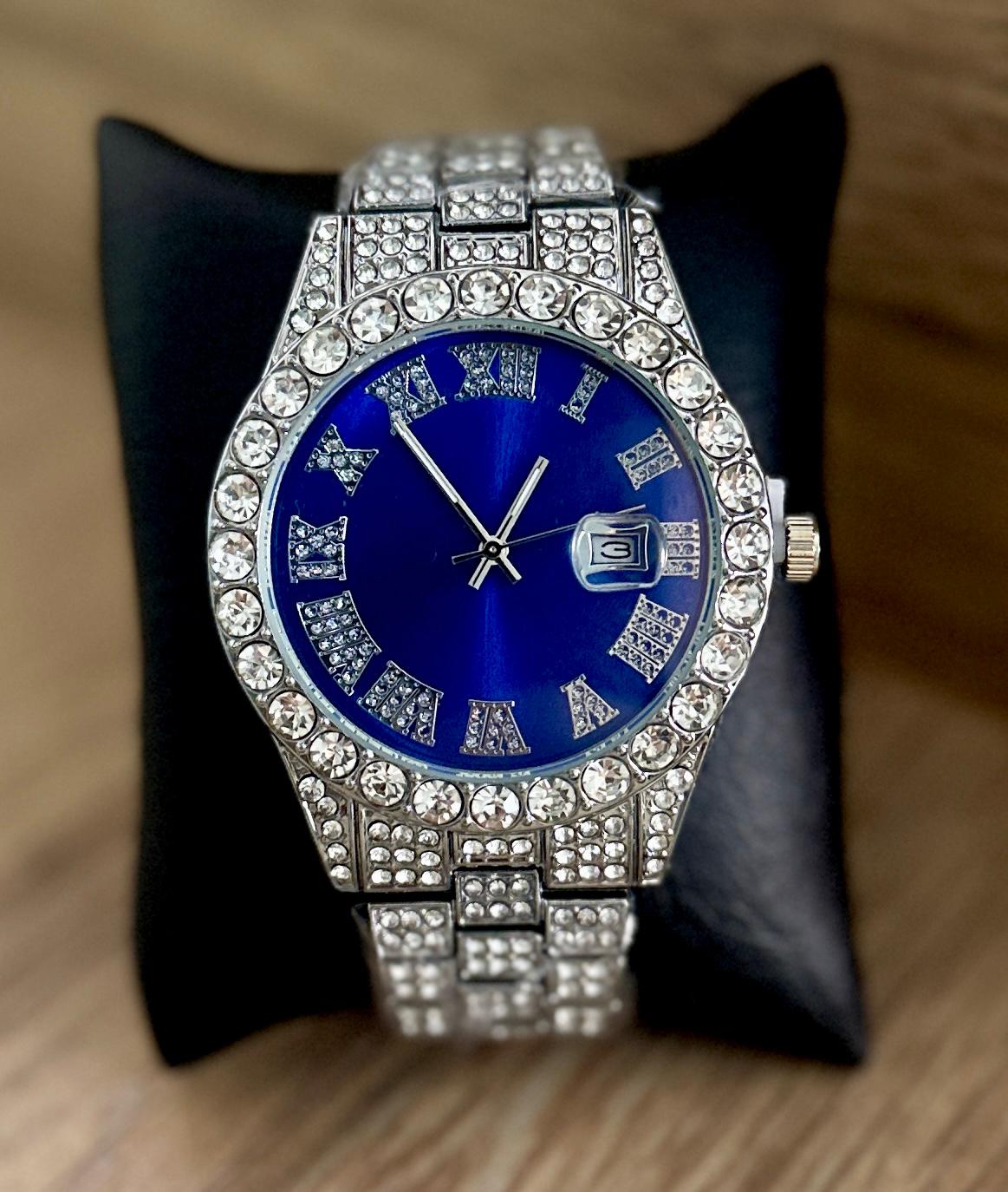 Reloj Caballero – Diamantado Plateado fondo Azul