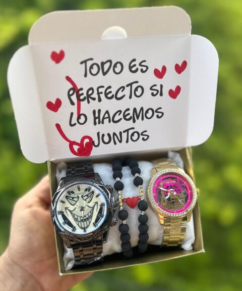 Invicta Negro + Reloj dama Dorado Blanco + Pulseras Corazón Imán + Caja PROMO