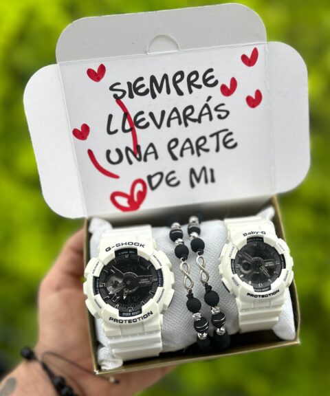 Pareja G-Shocks Blancos + Pulseras Infinito + Caja PROMO