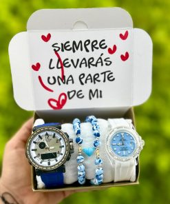 Combo Doble Casio / Rolex + Pulseras Corazón Azules Imán + Caja PROMO