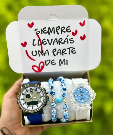 Combo Doble Casio / Rolex + Pulseras Corazón Azules Imán + Caja PROMO